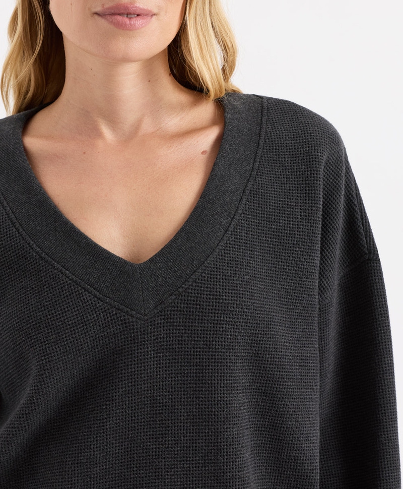 Women's Organic Luxe Waffle V-Neck Top, Dark Charcoal Heather