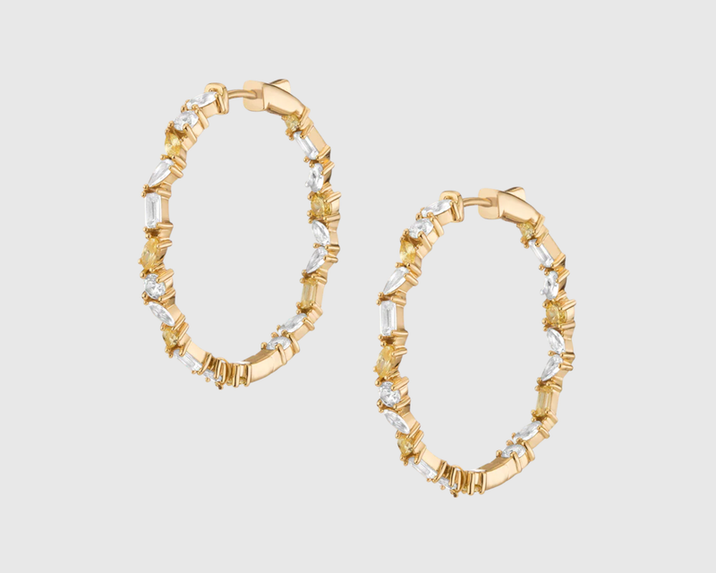 Lab Grown White Sapphire and Canary Mixed Shape Hoop Earrings