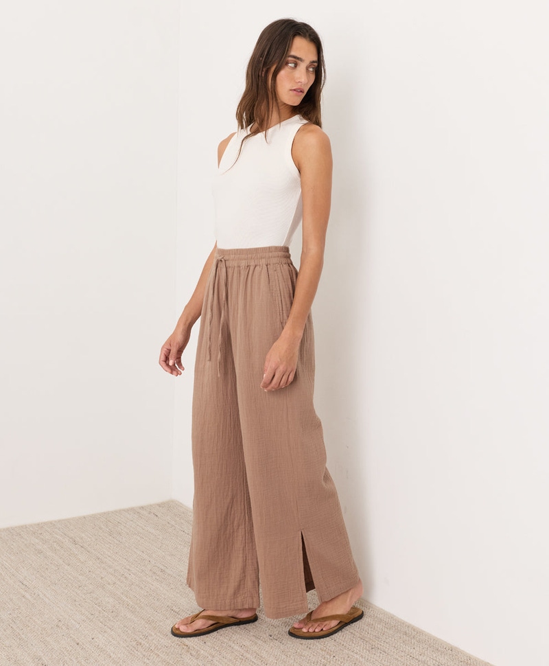 Women's Organic Coastal Double Gauze Split Hem Pant, Driftwood Brown