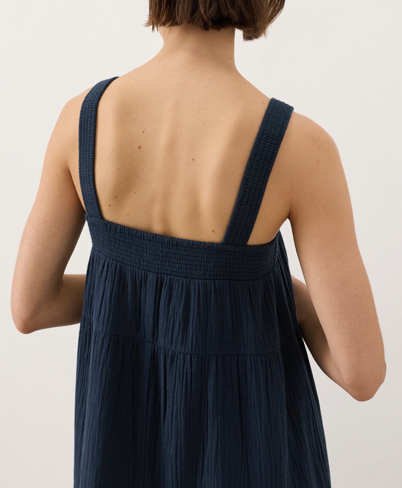 Women's Organic Coastal Double Gauze Strappy Tiered Maxi Dress, Navy