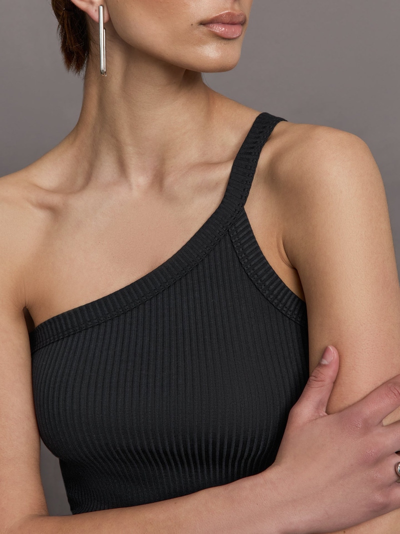 One Shoulder Tank in Ribbed Jersey, Black