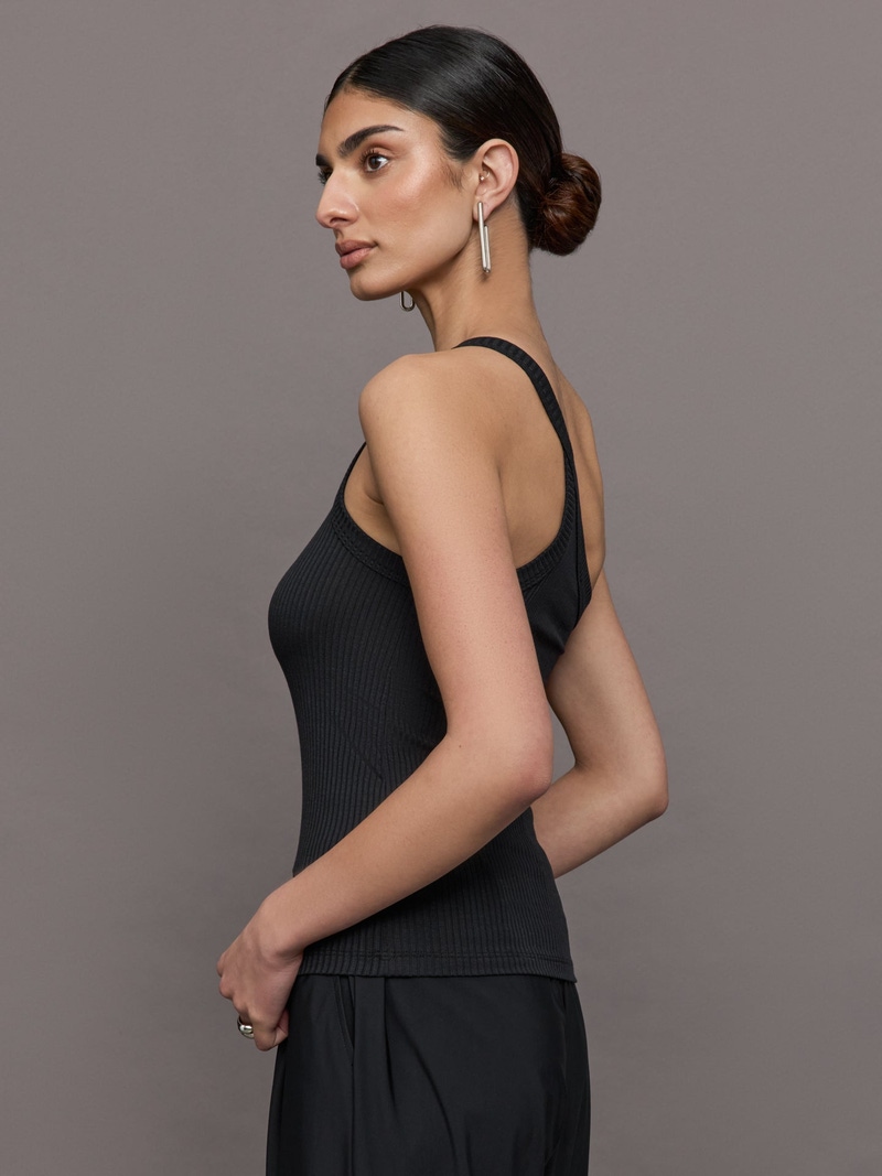 One Shoulder Tank in Ribbed Jersey, Black