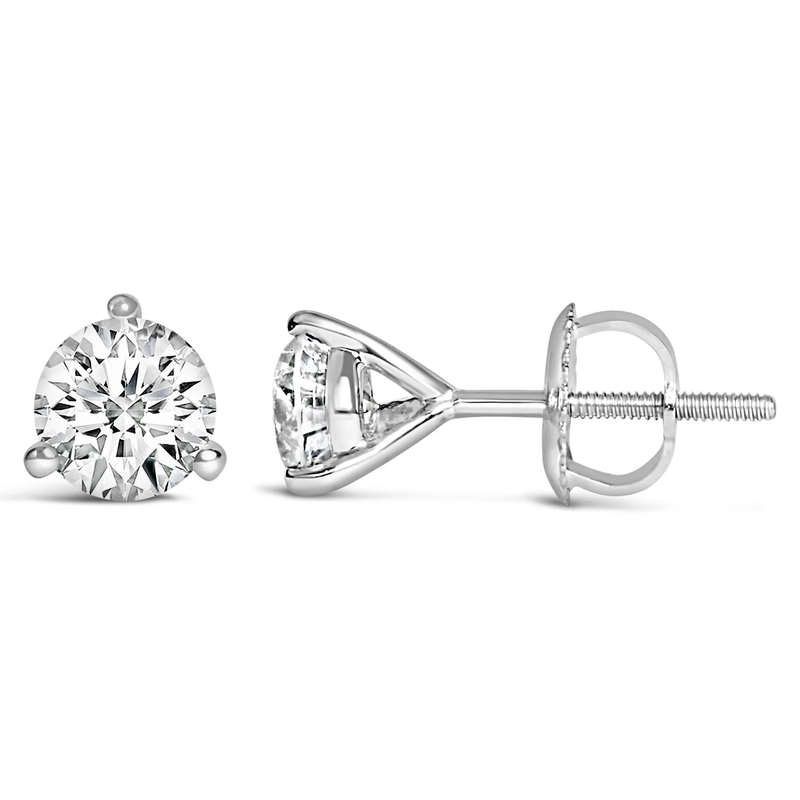 14K White Gold 3-Prong Martini Set Brilliant Round-Cut Solitaire Lab Grown Diamond Screwback Stud Earrings