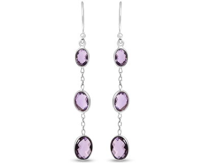 Sterling Silver Checkerboard Cut Oval Purple Amethyst Drop and Dangle Earrings