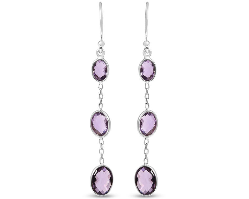 Sterling Silver Checkerboard Cut Oval Purple Amethyst Drop and Dangle Earrings