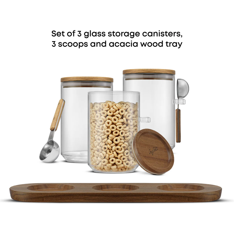 32oz Stackable Glass Storage Canister Set with Wood Lids and Tray