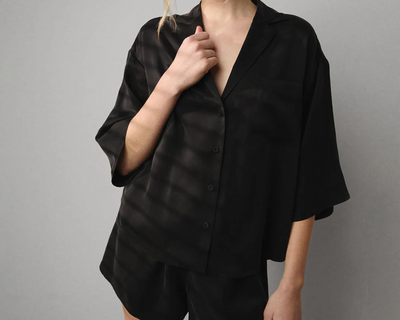 Washable Silk Relaxed Button Up Short Set, Immersed Black