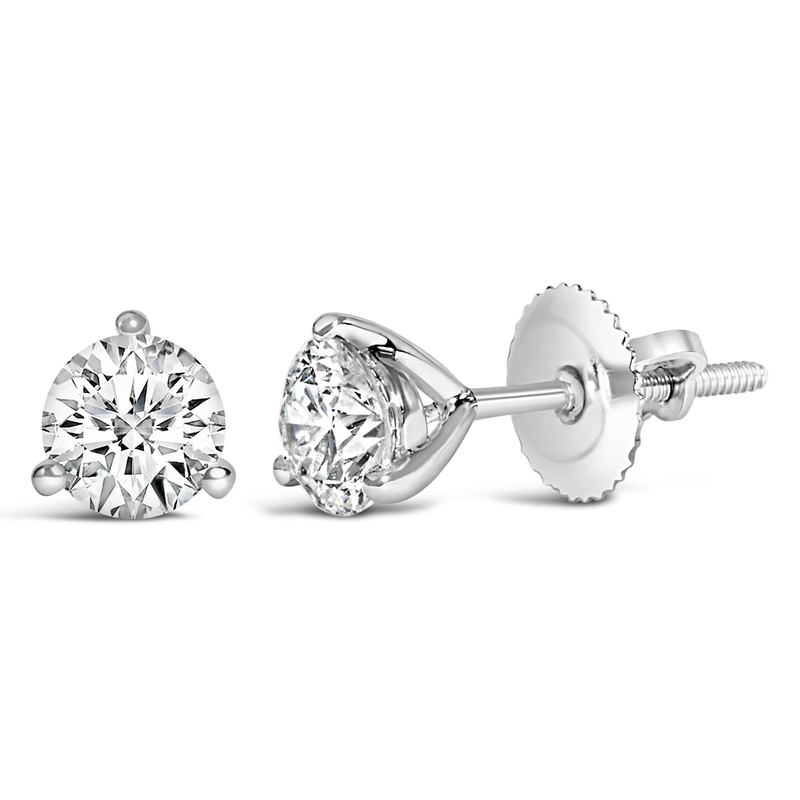 14K White Gold 3-Prong Martini Set Brilliant Round-Cut Solitaire Lab Grown Diamond Screwback Stud Earrings
