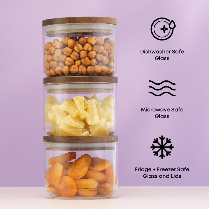 14oz Stackable Glass Storage Canister Set with Wood Lids and Tray
