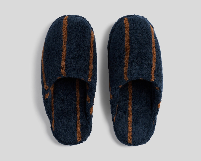 Turkish Cotton Stripe Slippers, Ink with Tobacco
