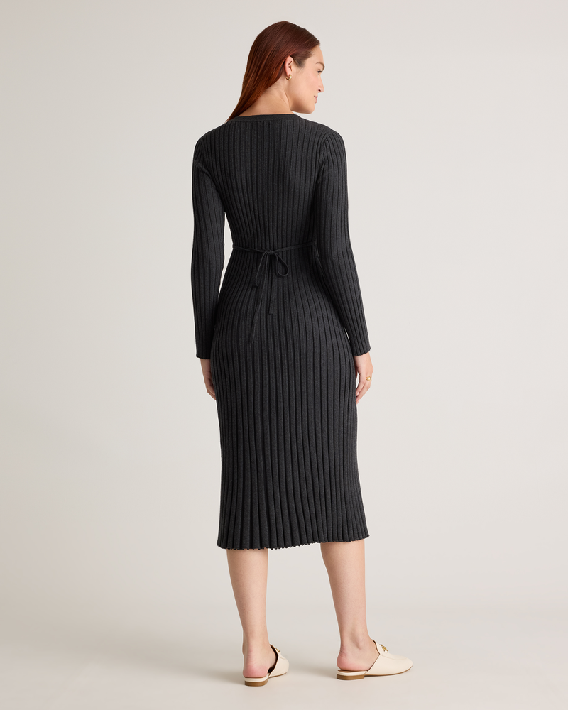 Cotton Cashmere Ribbed Long Sleeve Crew Midi Dress