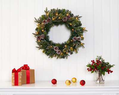 24” Snowed Pinecone Artificial Christmas Wreath with LED Lights