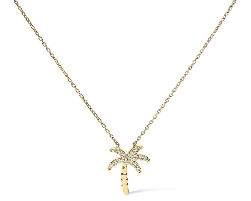 10K Yellow Gold Round Diamond Palm Tree Pendant Necklace