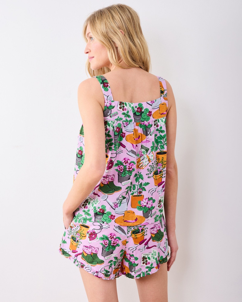 Back to Bed Short Set in Green Thumb, Pink Cosmos