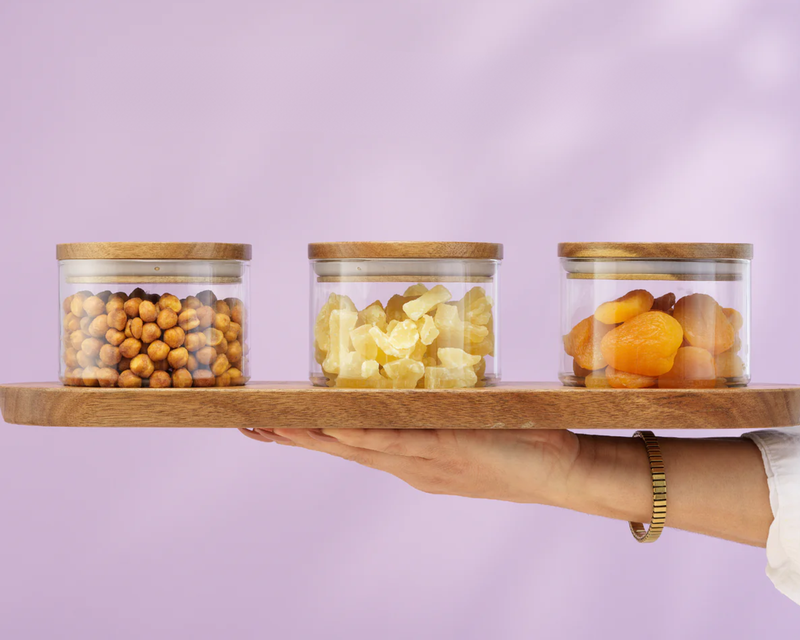 14oz Stackable Glass Storage Canister Set with Wood Lids and Tray