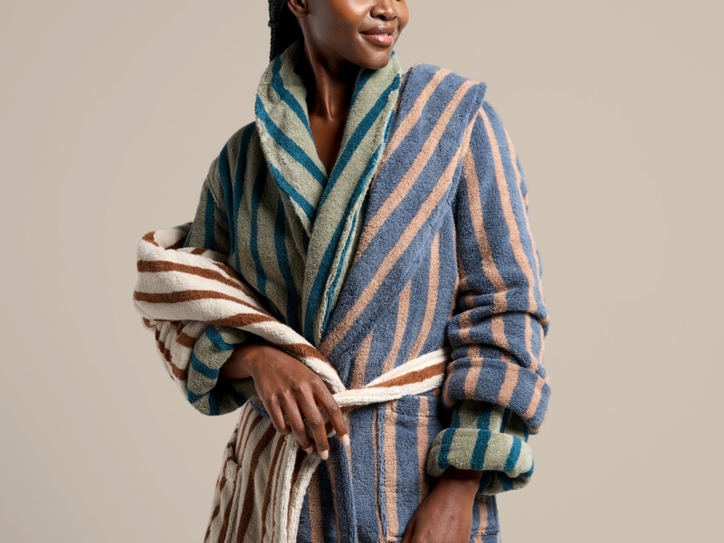 Terry Stripe Robe, Moss and Peacock
