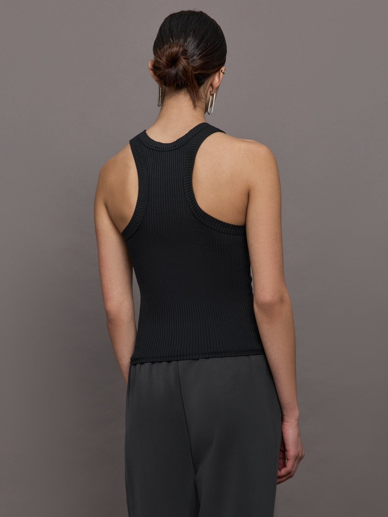 High Neck Fitted Tank in Ribbed Jersey, Black
