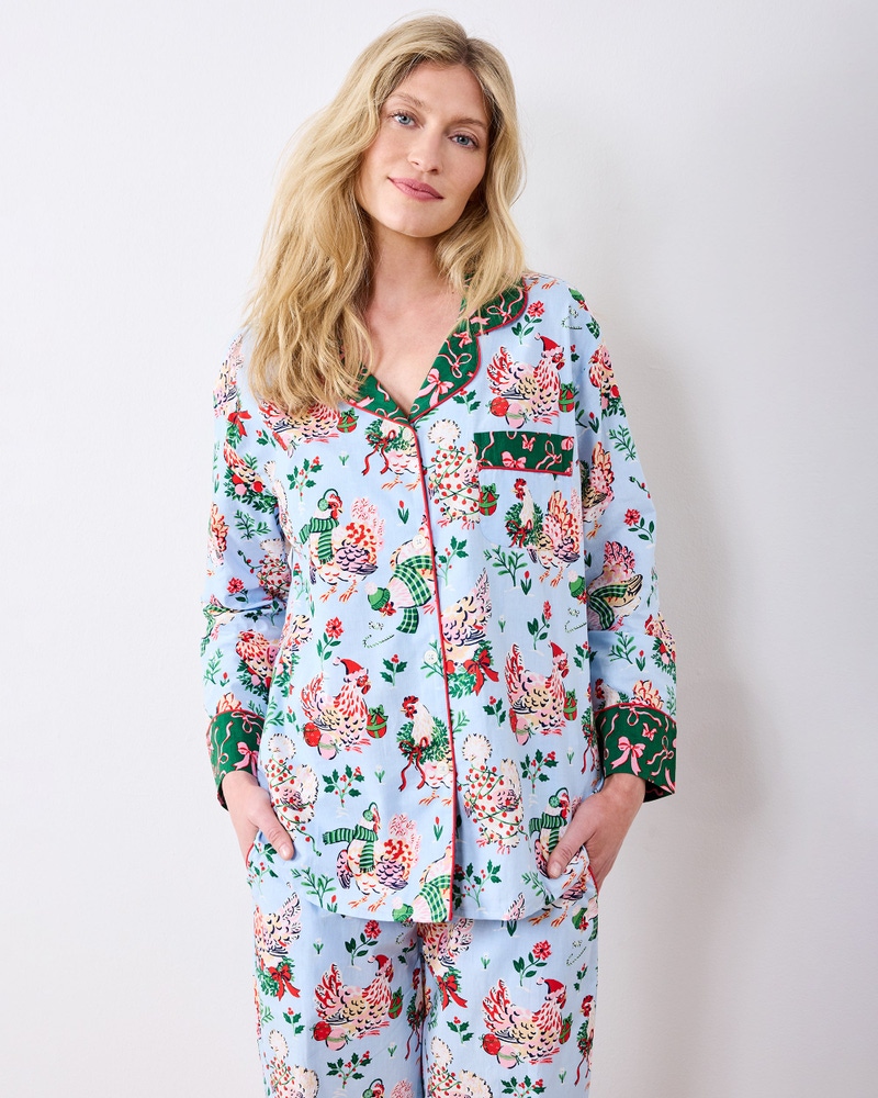 Long PJ Set in Holiday Hens, Pale Blue