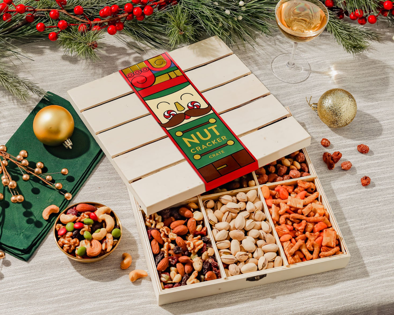 Nutcracker-Themed Wooden Crate with Gourmet Savory Snacks