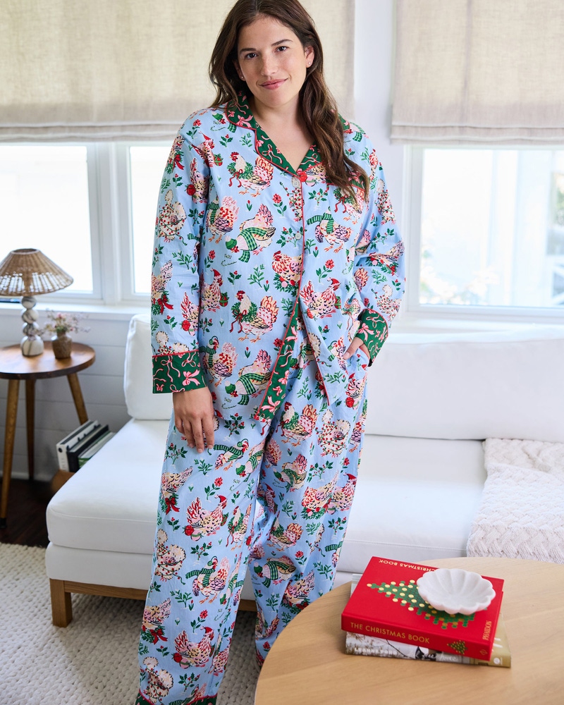 Long PJ Set in Holiday Hens, Pale Blue