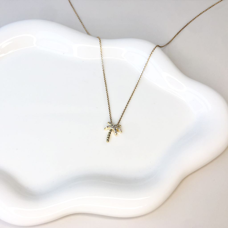 10K Yellow Gold Round Diamond Palm Tree Pendant Necklace