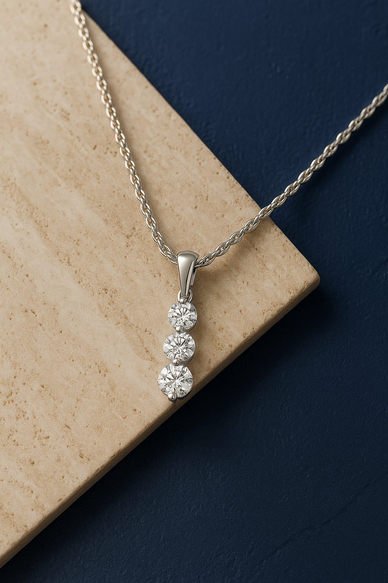 Sterling Silver Lab Grown Diamond Three Stone Diamond Pendant Necklace
