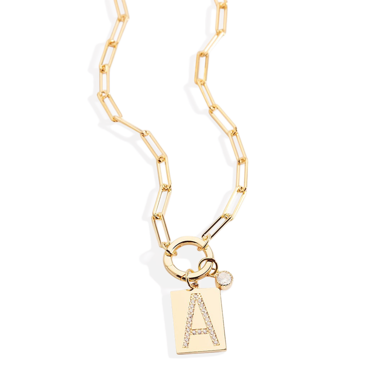 Gold Pave Initial Pendant Necklace with Paperclip Chain