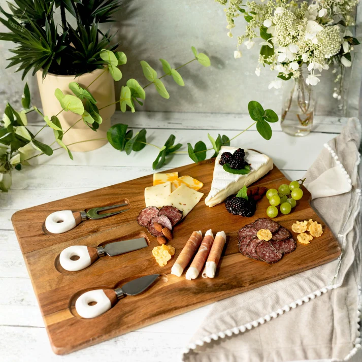 Wood + White Collection Acacia Wood Board with Inlaid Knives