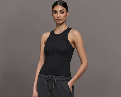 High Neck Fitted Tank in Ribbed Jersey, Black