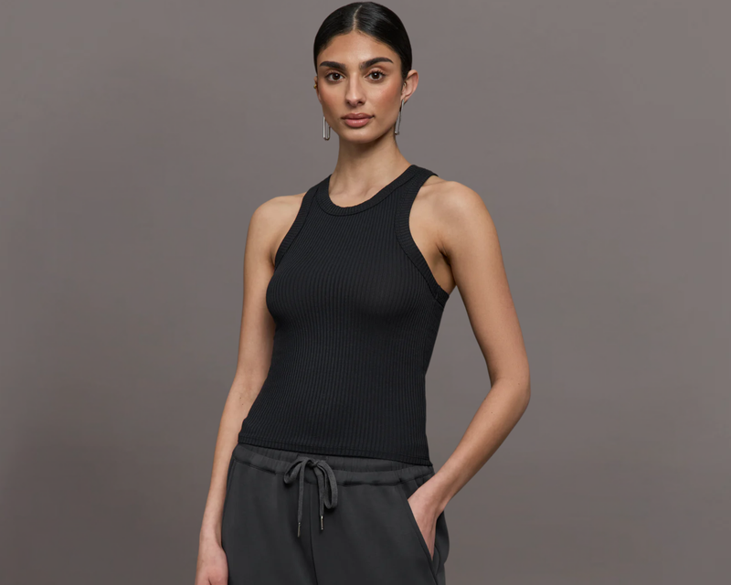 High Neck Fitted Tank in Ribbed Jersey, Black