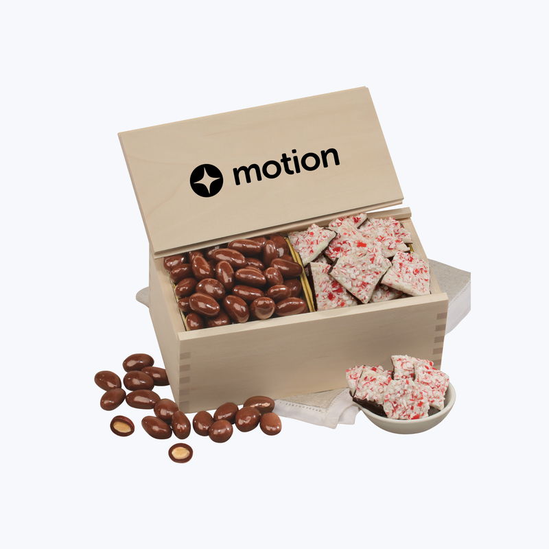 Branded Peppermint Bark & Chocolate Almonds in Wooden Collector's Box