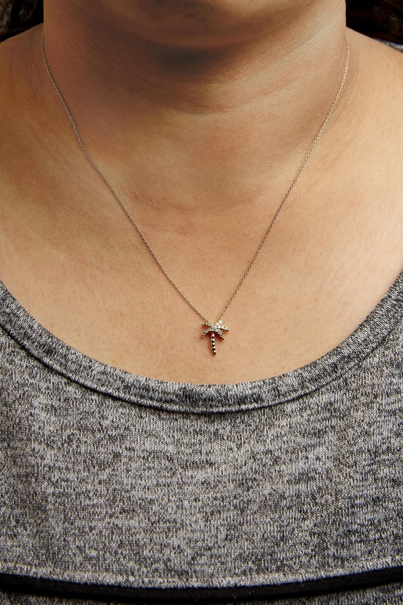 10K Yellow Gold Round Diamond Palm Tree Pendant Necklace