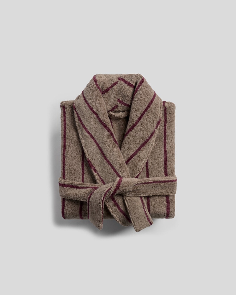 Turkish Cotton Stripe Robe, Warm Grey with Garnet