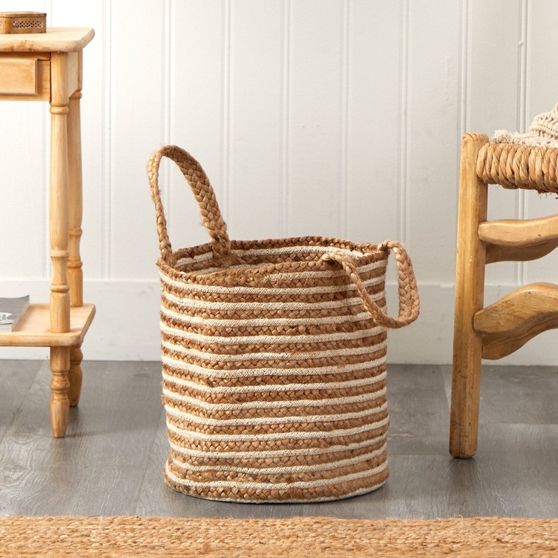 14" Boho Chic Handwoven Natural Cotton and Jute Basket