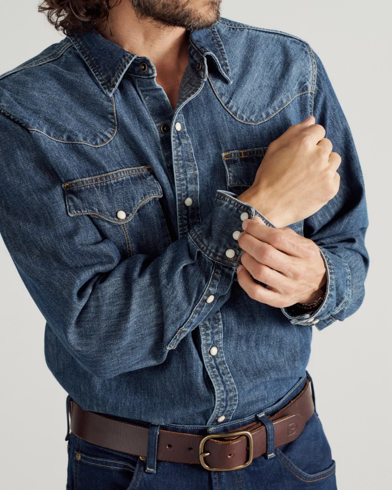 Men's Denim Long Sleeve Pearl Snap Shirt, Dark Wash