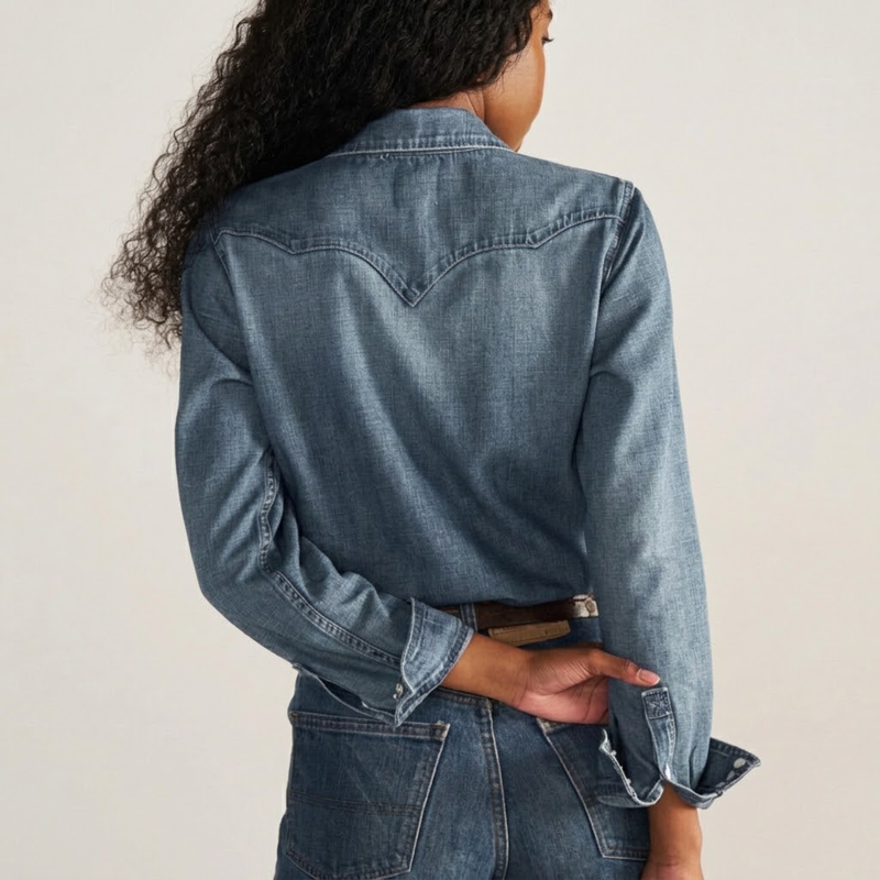 Branded Women's Denim Pearl Snap Shirt, Medium Wash