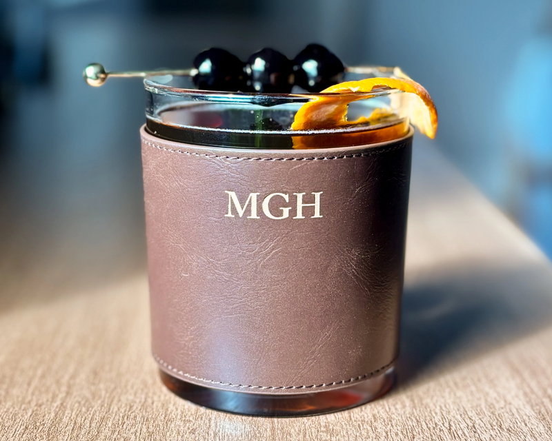 Personalized Leather Wrapped DOF Glass