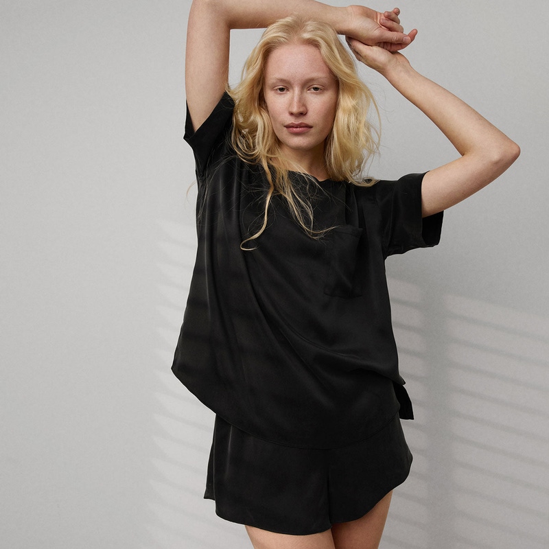 Washable Silk Tee Short Set, Immersed Black