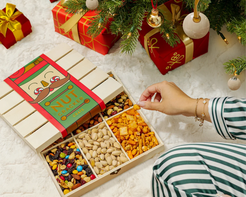 Nutcracker-Themed Wooden Crate with Gourmet Savory Snacks