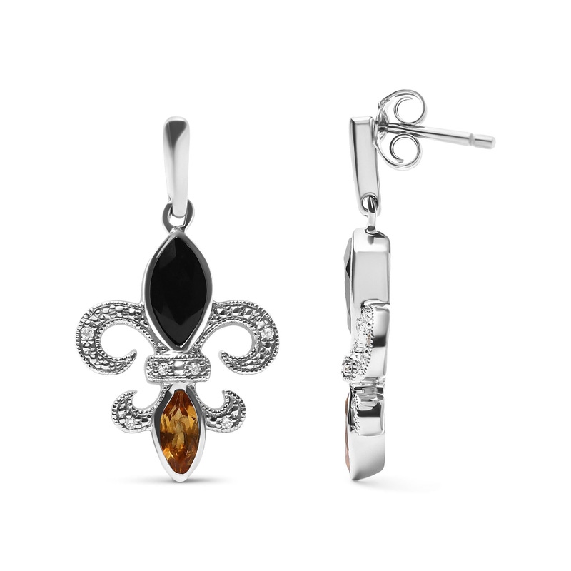 Sterling Silver Marquise Cut Onyx and Citrine with Diamond Accent Fleur De Lis Drop Stud Earrings