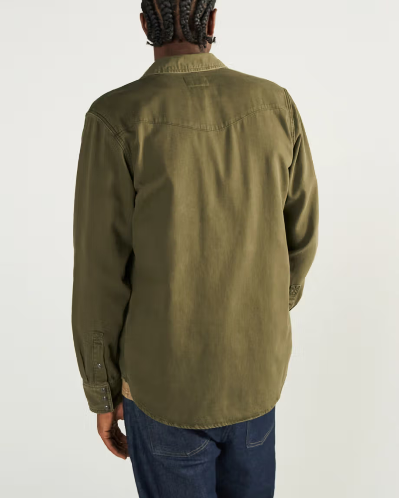 Men's Denim Long Sleeve Pearl Snap Shirt, Dark Olive