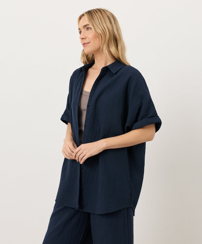 Women's Organic Coastal Double Gauze Oversized Shirt, Navy