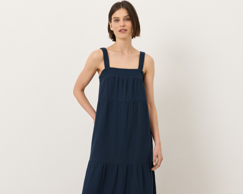 Women's Organic Coastal Double Gauze Strappy Tiered Maxi Dress, Navy