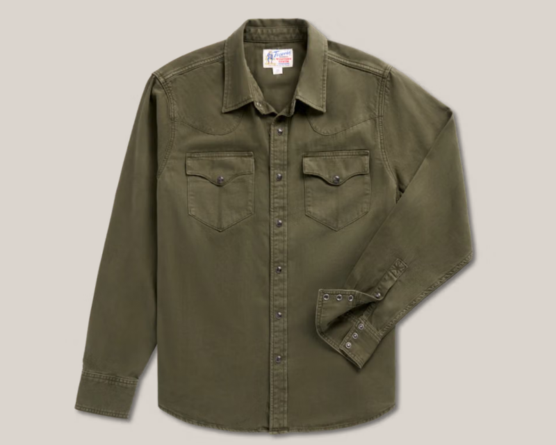 Men's Denim Long Sleeve Pearl Snap Shirt, Dark Olive