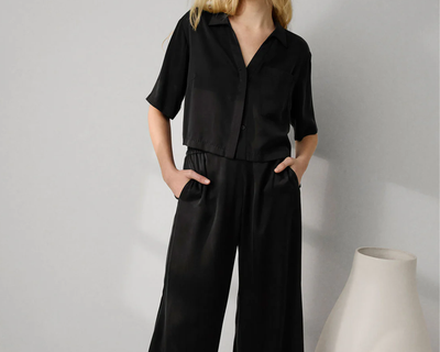Washable Silk High Rise Pant Set, Immersed Black