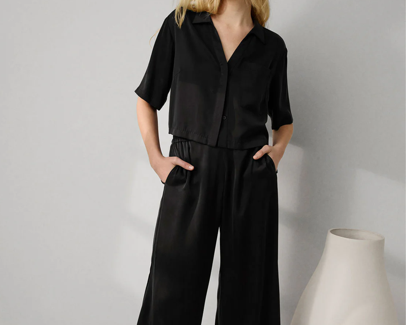 Washable Silk High Rise Pant Set, Immersed Black