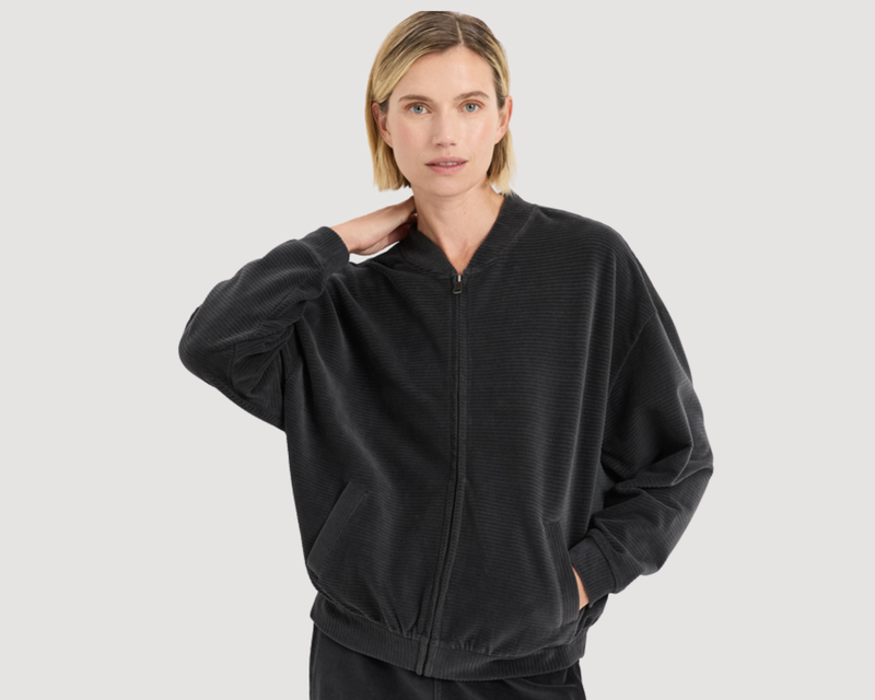 Women's Organic Pure Velour Rib Bomber Jacket, Storm