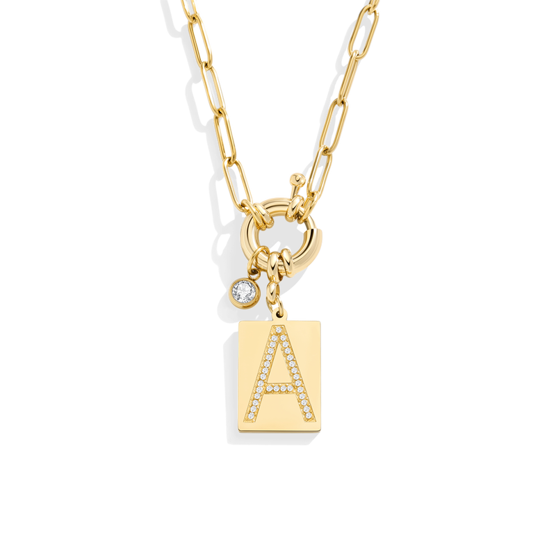 Gold Pave Initial Pendant Necklace with Paperclip Chain