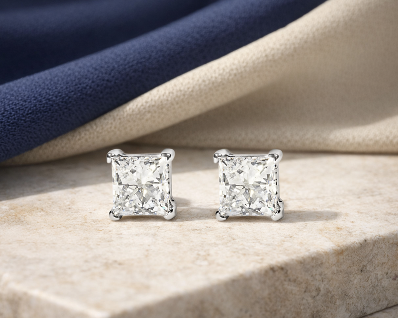 14K White Gold 3/8 Cttw Lab Grown Princess-Cut Diamond 4-Prong Solitaire Stud Earrings