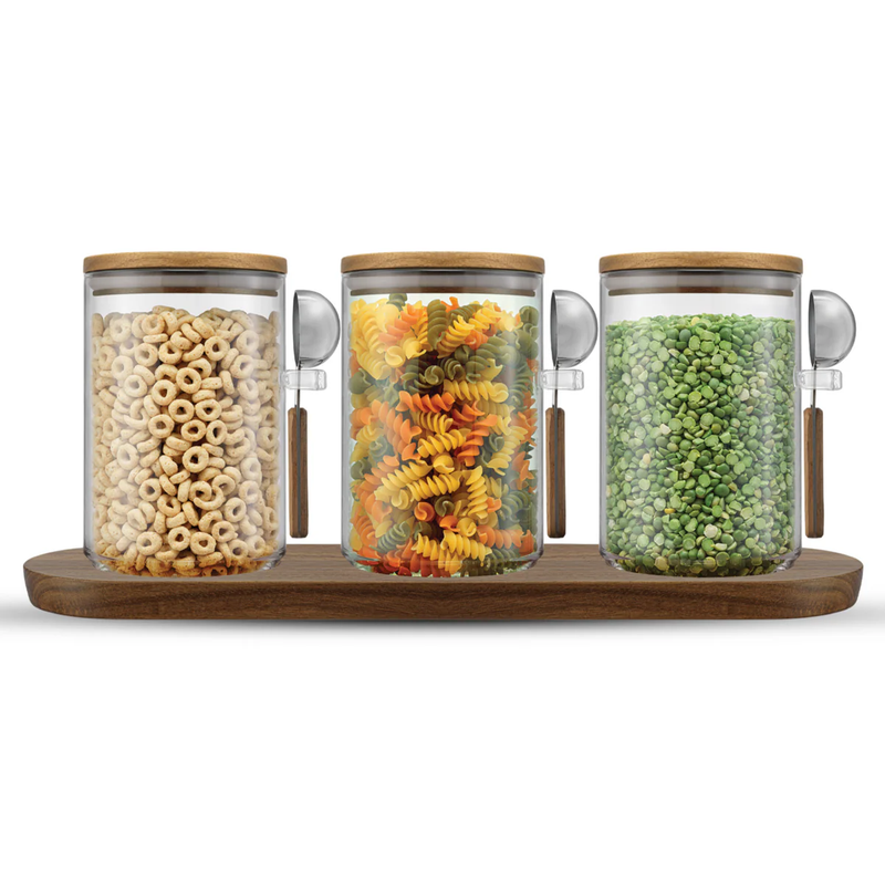 32oz Stackable Glass Storage Canister Set with Wood Lids and Tray